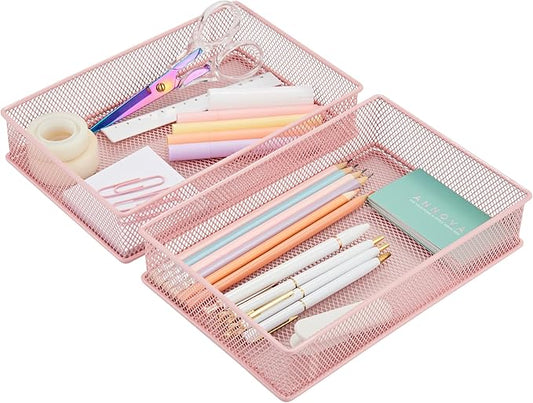 Annova Mesh Stackable Drawer Cabinet and Shelf Organizer Bins Storage Basket School Office Supply Holder Tray- Set of 2 (Light Pink, 6x9x2 Inch)-NeatNest