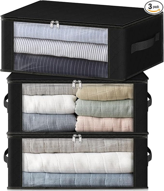 HomeHacks Storage 3-Pack Clothes Organizer Storage Bags Foldable Storage Box with Large Clear Window Sturdy Handles for Closet, Dorm, Pillows, Bedding, Clothes, Blankets, 35L, Black-NeatNest