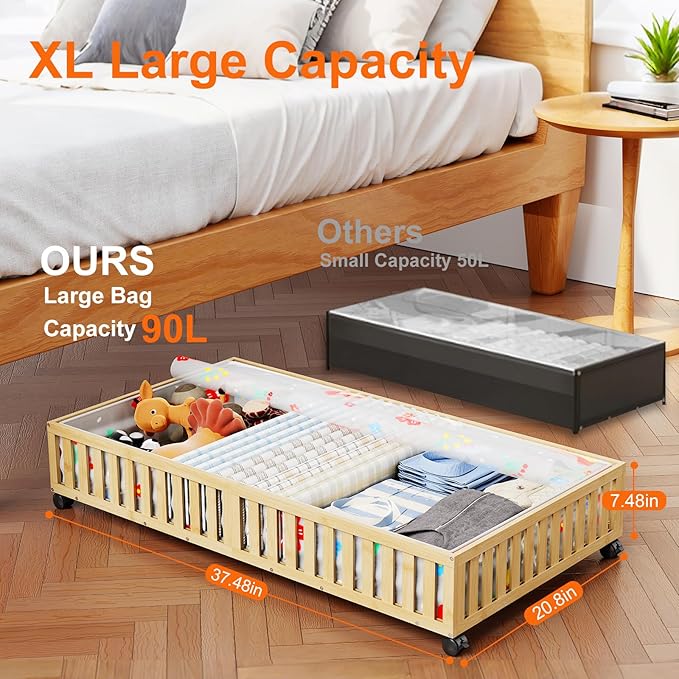 2Pack Bamboo Under Bed Storage Containers, UnderBed Storage with Wheels & 90L Large Capacity Dust Bag, Sturdy Rolling Under Bed Clothes Storage for Shoes Toy Book, Nature (37.48" × 20.08")-NeatNest