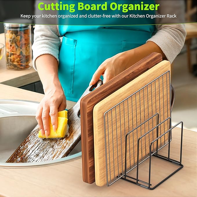 Kitchen Organizer Rack - 4-Slot Heavy-Duty Holder for Cutting Boards,Cookware – Rust-Resistant, Space-Saving Design with Non-Slip Feet for Countertop and Cabinet Storage (2 Pack)