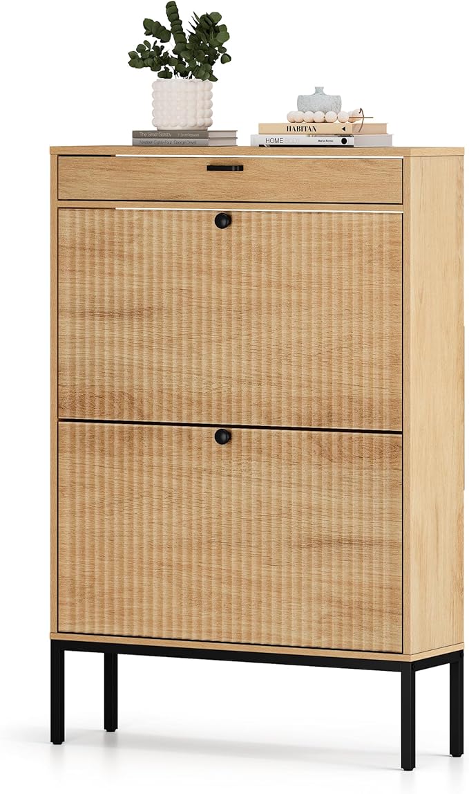 XIAO WEI Shoe Cabinet, Shoe Storage Organizer Cabinet with 2 Flip Wavy Line Drawers, Freestanding Shoe Rack with Adjustable Shelf for Entryway, QH242-1-NeatNest