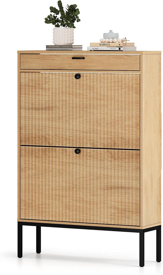 XIAO WEI Shoe Cabinet, Shoe Storage Organizer Cabinet with 2 Flip Wavy Line Drawers, Freestanding Shoe Rack with Adjustable Shelf for Entryway, QH242-1-NeatNest