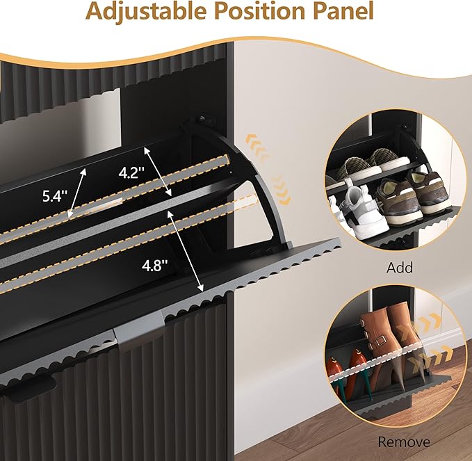 Shoe Cabinet Storage for Entryway with 4 Flip Drawers, Black Fluted Shoe Cabinet with Bench, Wooden Hidden Shoe Rack Freestanding Narrow Slim Shoes Storage Organizer for Hallway, Entrance