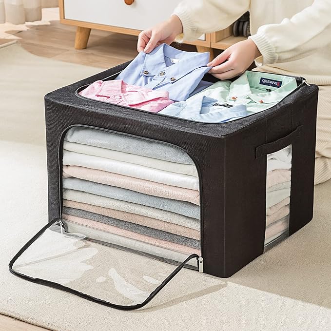 2 Pack Clothes Storage Bins Foldable Metal Frame Storage Box Large Capacity Linen Fabric Organizer Set with Carrying Handles and Clear Window (Black, 19.7x 15.7x 12.6 Inch)-NeatNest