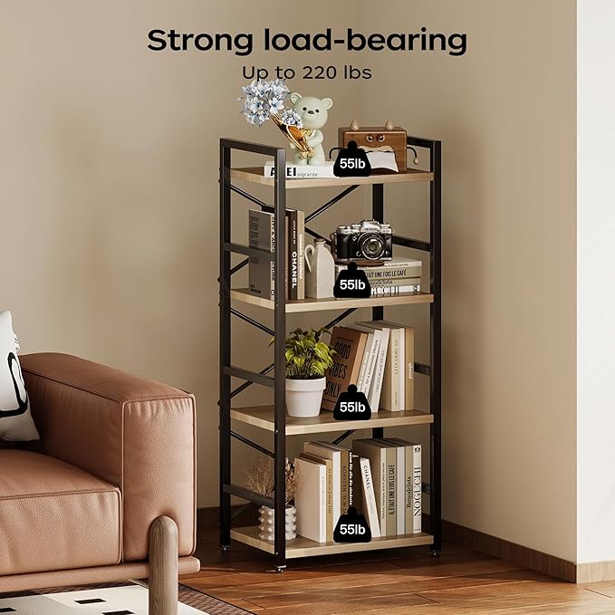 Bookshelf, Kid's Bookshelf, 4 Tier Small Bookcase, Metal Small Bookcase, Book Shelf Organization and Storage for Living Room, Bedroom, and Home Office (Light Coffee)-NeatNest