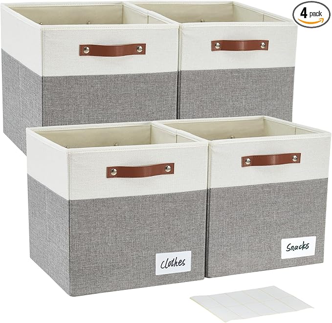 Collapsible Fabric Storage Cube Bins with 2 Reinforced PU Handles, Foldable Storage Organizer Baskets for Closet, Shelves, Living Room | 13"x13"x13", 4 Pack, Gray & White-NeatNest