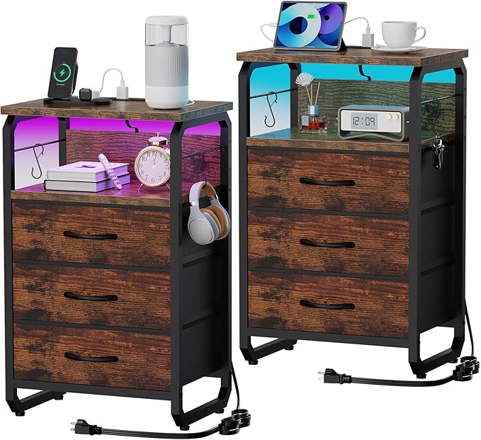 Tall Nightstand Set of 2 with Charging Station, Bed Side Tables Bedroom Set of 2, LED Night Stand Set 2, Bedside Table with Drawers, Night End Table with Storage for Bedroom, Dorm Rustic Brown