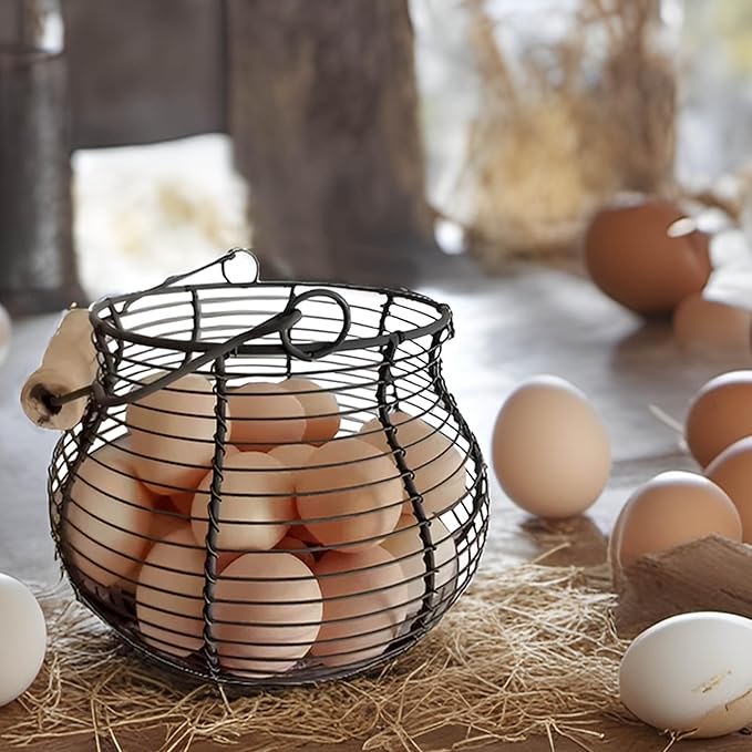 LINCOUNTRY. Farmhouse Wire Egg Baskets for Gathering Fresh Egg With Handle, Round Metal Chicken Basket Collecting Fresh Egg Holder, Vintage Style for Countertop Kitchen