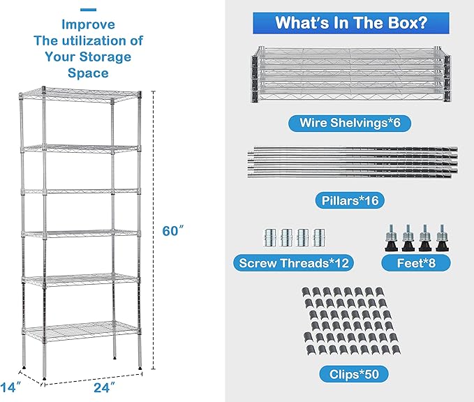 6-Tier Metal Wire Shelving Unit Snack Shelf Height Adjustable Storage Rack NSF Certified Storage Shelves 900 Lbs Capacity Standing Utility Shelf for Laundry Kitchen Pantry Garage Organization
