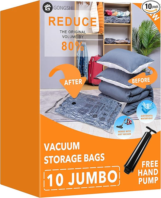 Vacuum Storage Bags (10 x Jumbo), Space Saver Sealer Compression Bags with Travel Hand Pump for Blankets, Comforters, Pillows, Clothes Storage-NeatNest