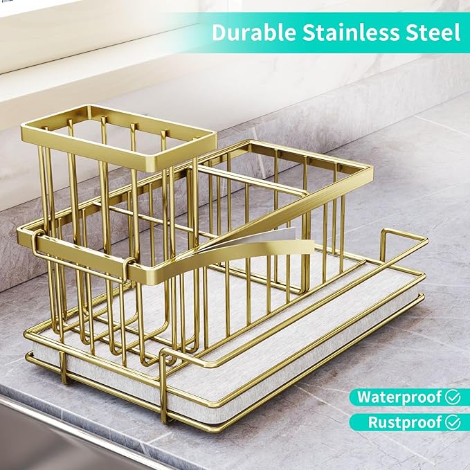 HapiRm Sink Caddy Sponge Holder - Kitchen Sink Organizer with Instant Drying Stone and Brush Holder, Stainless Steel Sponge Caddy for Kitchen Countertop - Gold