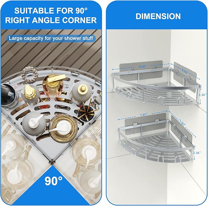 Corner Shower Caddy, 2 Pack Adhesive Bathroom Shower Corner Organizer Shelf, No Drilling Rustproof Wall Mounted Shower Storage Rack Shampoo Holder Organizer (Silver)
