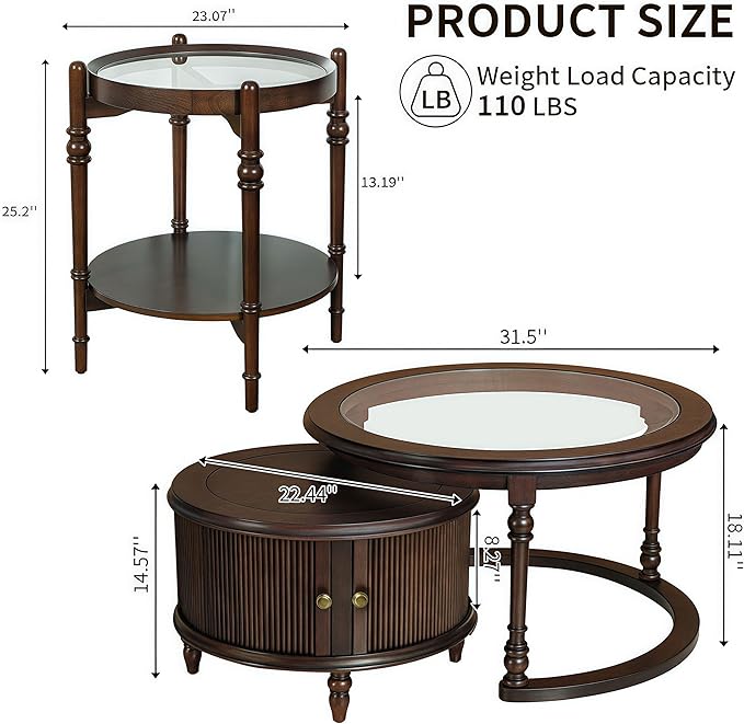 31.5'' Nesting Coffee Table Set of 2 and End Table, Solid Wood Round Nesting Coffee Table Fluted with Storage, Brown Modern Coffee Table Set for Living Room Office
