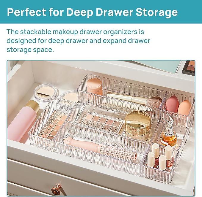 Vtopmart 7 PCS Clear Drawer Organizers Bins, 4-Size Stackable Makeup and Vanity Drawer Organizer Trays, Acrylic Bathroom Drawer Storage Containers for Cosmetic, Office Supply, Kitchen Utensils Gadgets-NeatNest