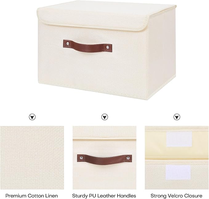 ANMINY 2PCS Storage Bins with Lid PU Leather Handles Storage Boxes PP Plastic Board Decorative Foldable Lidded Cotton Linen Fabric Home Cubes Baskets Closet Organizer Containers - Beige, Large Size-NeatNest