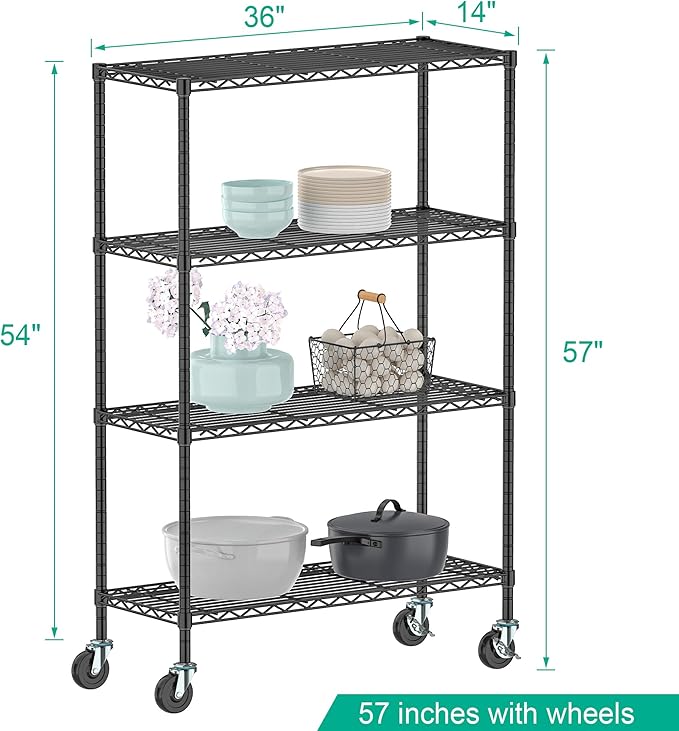 4-Tier Storage Shelving Unit with Wheels, Metal Rolling Storage Shelves Adjustable Layer Steel Rack Shelf, Wire Shelving Storage for Kitchen Garage Pantry Office, Black (14D x 36W x 57H)