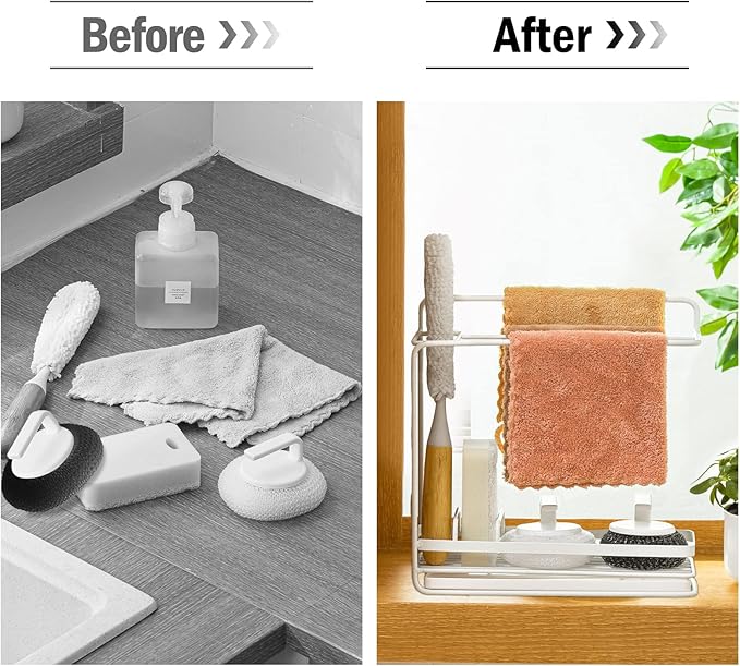 Poeland Sponge Holder with Drain Pan, Kitchen Sink Caddy Organizer for Sponge Brush Soap Dish Dishcloth Rack (Large Size)