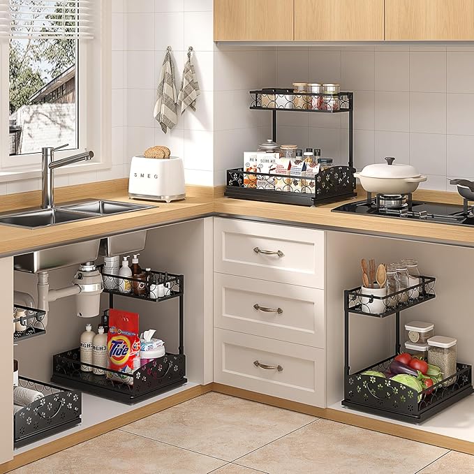 2 Packs Under Sink Organizer, High Adjustable 2 Tier Under Kitchen sink organizer, Multi-Purpose Storage Shelf for Kitchen Bathroom Cabinet, Black (Black02)-NeatNest
