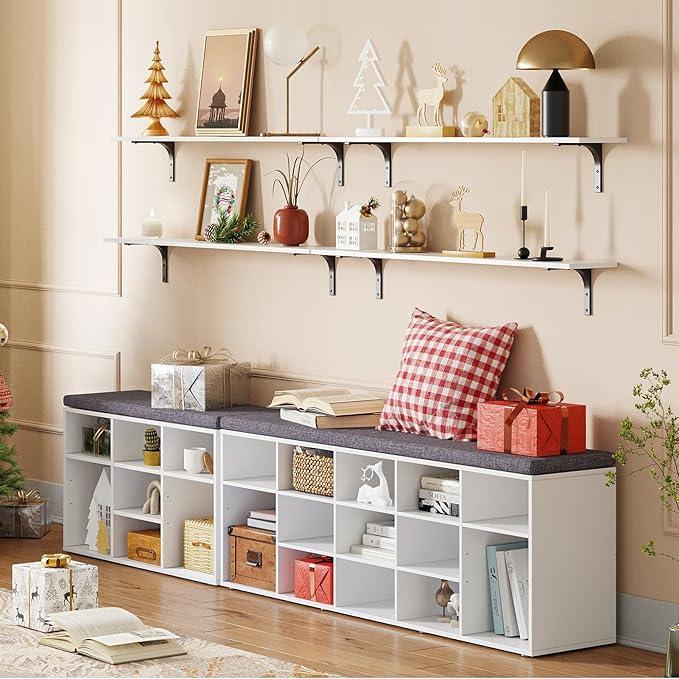 DINZI LVJ Shoe Storage Bench with Cushion, 15-Cubby Shoe Rack, Adjustable Shelves, Long Shoe Organizer Bench for Entryway, Mudroom, Hallway, Living Room, Bedroom and Garage, White-NeatNest