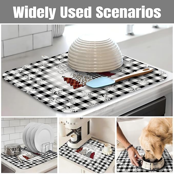 Dish Drying Mat for Kitchen Counter Large 16" x 18" Buffalo Plaid Christmas Tree Absorbent Microfiber Dishes Drainer Rack Mats Pad Reusable Washable