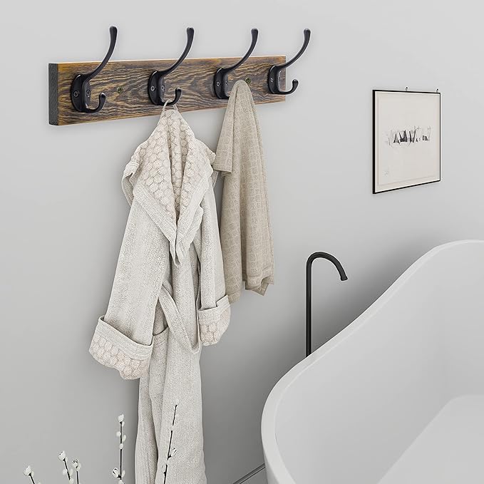 IBosins Wall Mounted Coat Rack, 2 Pack Metal Wood Coat Rack with 8 Black Rustic Hooks for Scarf, Bag, Towel, Key, Cap, Cup, Hat-NeatNest