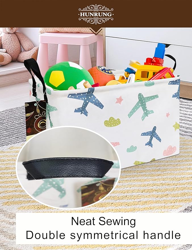HUNRUNG Rectangle Storage Basket Cute Canvas Organizer Bin for Pet/Children Toys, Books, Clothes Perfect for Rooms/Playroom(REC-Color Aircraft)