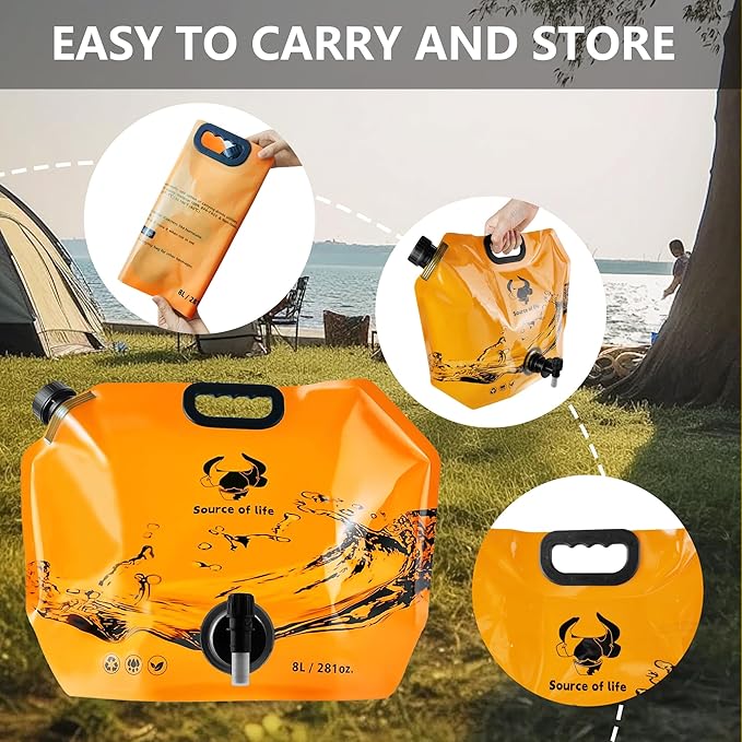 Collapsible 8L Water Storage Bag, BPA-Free Portable Folding Water Jug with Adjustable Faucet, Leakproof Emergency Water Bag for Camping, Hiking, Riding, Outdoor Sport (Orange, 2)-NeatNest