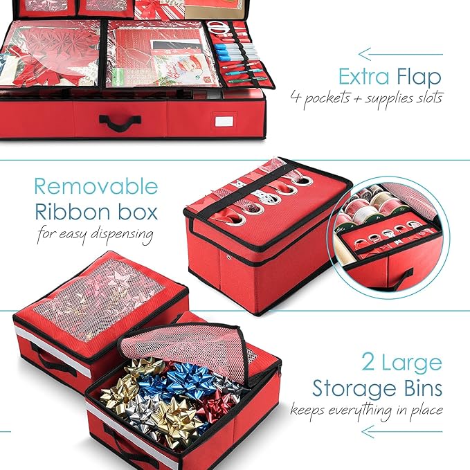 Hearth & Harbor Wrapping Paper Storage Container with Ribbon Dispenser and Interior Pockets - Large Christmas Storage Containers with Wheels, Fits 30 Rolls of 40" Length, Red-NeatNest