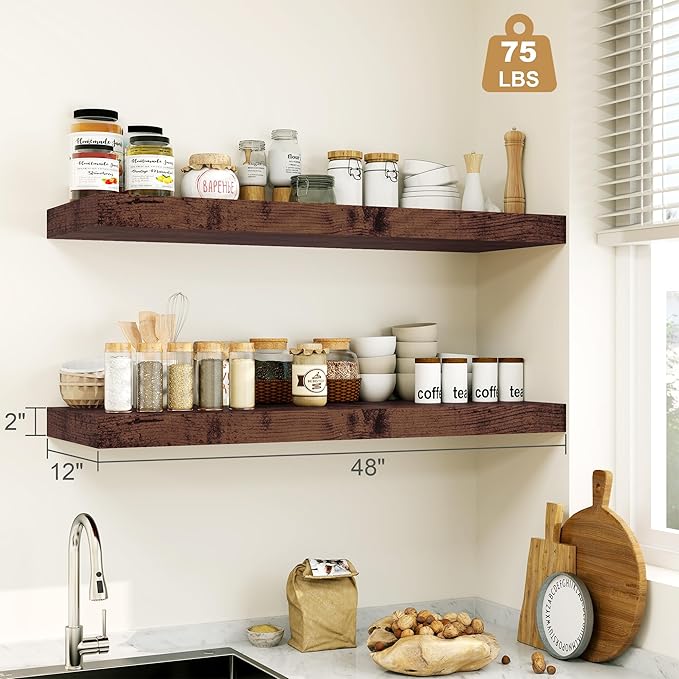 Heimlove Rustic Brown Bathroom Shelves Floating Shelves for Wall Shelf Over Toilet Long Wall Mounted Modern Farmhouse,48 x 12 Shelves with Invisible Brackets for Living Room, Kitchen, Bedroom-NeatNest