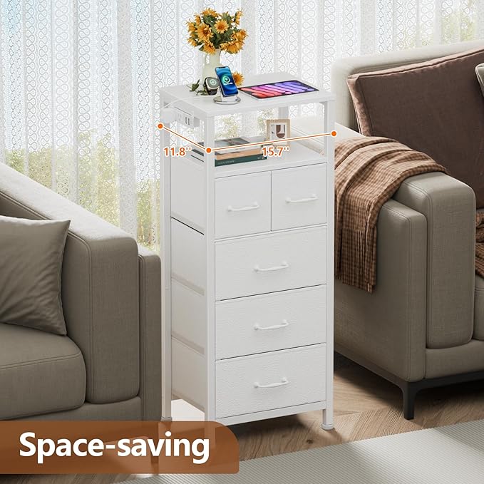 Furnulem Dresser for Bedroom, Tall Nightstand, Vertical Chest with Wood Top, Charging Station, LED Lights, 5 Fabric Bins, Bedside Table with Shelf, Furniture for Entryway (5 Drawer, White)