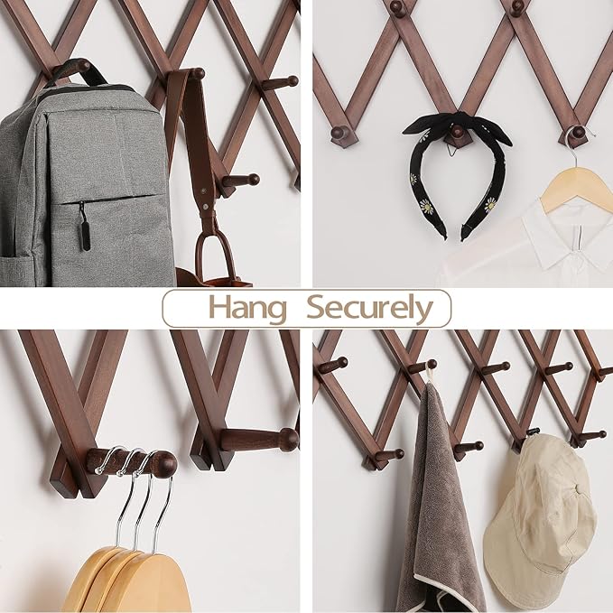 16 inch High Accordion Wall Hanger with 14 Hooks, Wooden Wall Expandable Coat Rack for Coat, Hats, Baseball Caps, Coffee Mug, Jewelry-NeatNest