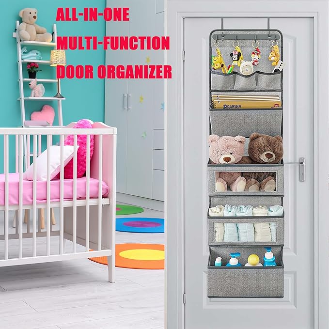 VICTORICH All-IN-ONE Over the Door Organizer, Super Behind the Door Storage Organizer with Door Rack and Large Clear Windows, Wall File Organizer, Hanging Organizer (New Herringbone Gray)