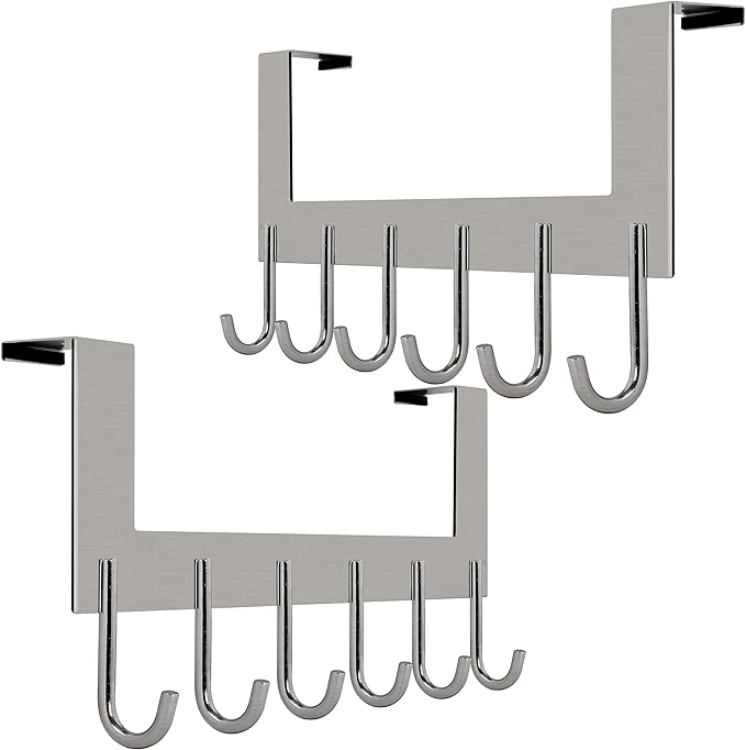 WEBI Over The Door Hooks Door Hanger,Over The Door Towel Rack with 6 Hooks for Hanging,Over Door Coat Rack for Clothes,Back of Bathroom,Brushed Nickel,2 Packs
