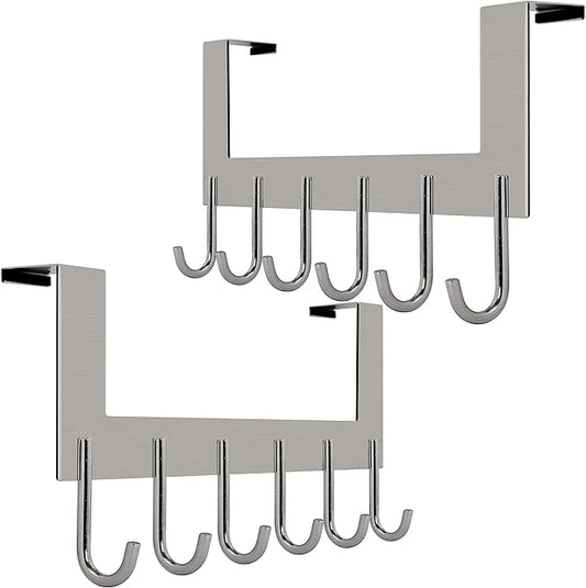 WEBI Over The Door Hooks Door Hanger,Over The Door Towel Rack with 6 Hooks for Hanging,Over Door Coat Rack for Clothes,Back of Bathroom,Brushed Nickel,2 Packs
