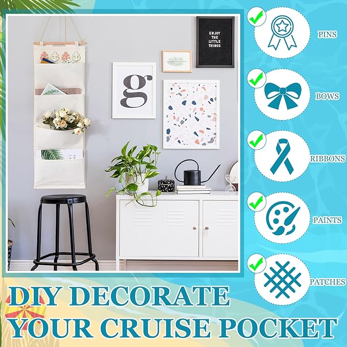 Fish Extender Cruise Gift Hanging Organizer with 4 Pockets and 4 Pcs Iron on Anchor Patches Cabin Door Hanger Storage Bag 2025 FE for Exchange Gifts and Pixie Dusting(Beige, Pink, White)-NeatNest