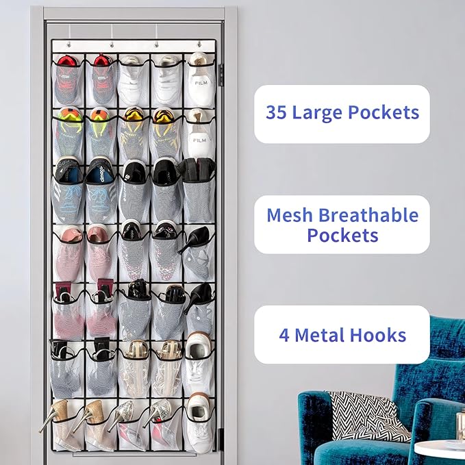 35 Pockets Over the Door Shoe Organizer, Hanging Shoe Organizer for Door with 35 Mesh Pockets Large Capacity Shoe Hanging Storage Bag with 4 Metal Hooks (White-1Pack)-NeatNest