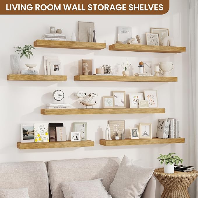 fuqing Floating Shelves for Wall, Bathroom Shelf Wall Mounted for Storage, Shelves with Invisible Bracket for Bedroom, Kitchen, Living Room, Farmhouse Small Book Shelf, 24 Inch Set of 2, Oak-NeatNest