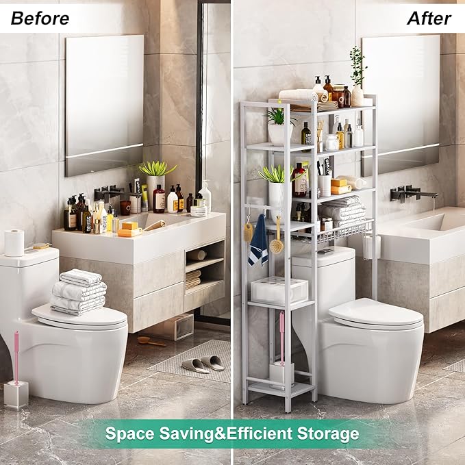 8-Tier Over The Toilet Storage with Side Rack, Over Toilet Storage Rack with Adjustable Shelf & Drain Basket, Freestanding Bathroom Organizer for Balcony, Laundry (Pure White)