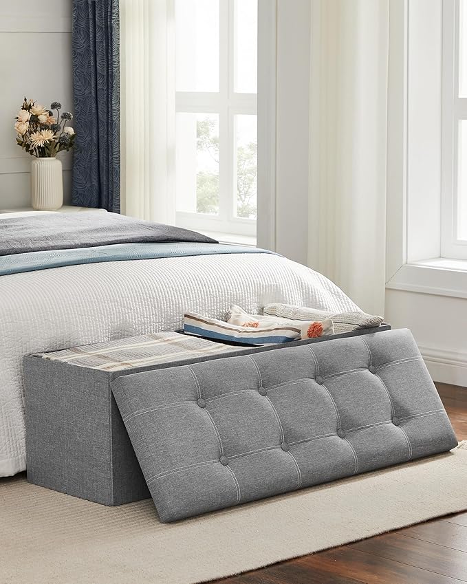 SONGMICS MAZIE Collection - 43 Inches Ottoman Storage Bench, 35 Gal. Folding Chest with Breathable Linen-Look Fabric, Load up to 660 lb, for Entryway, Living Room, Bedroom, Light Gray ULSF077G05-NeatNest