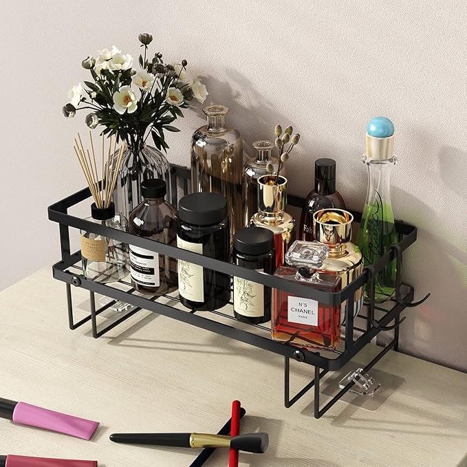 Godboat Bathroom Organizer - Over Toilet Storage, Floating Shelves with 2 Hooks, Wall Mounted Shelf Rack, Behind and Above The Tank, Gifts for Women (Black, 1-Tier)-NeatNest
