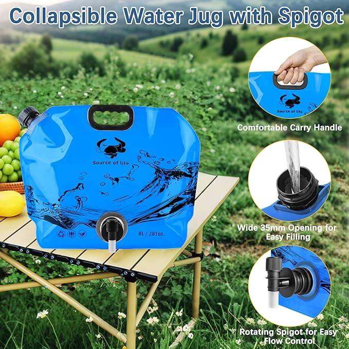 Camping Water Jug 2.1 Gallon CollapsibleWater Container Portable Water Bag for TravelOutdoor Hiking BPA Free Lightweight (Blue (2.1 Gal), 2)-NeatNest