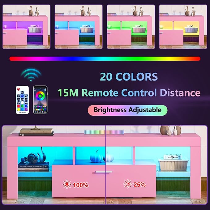 Clikuutory Modern Lighting 51 inch TV Stand with Large Storage Drawer for 32 40 50 55 Inch TVs, TV Console with 20 Color LED Lights, Entertainment Center Media and Open Shelf for Bedroom, Pink-NeatNest