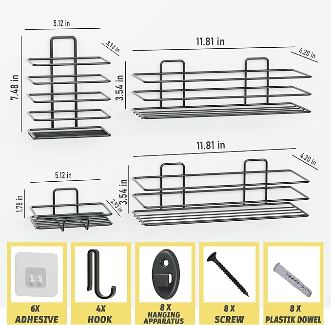 Dekula Adhesive Shower Caddy 4 Pack, Shower Shelves Organizer for Bathroom Storage, Rustproof Stainless Steel Bath Organizers, Kitchen, Adhesive or Screw, Soap Dish, Hooks, Wall Shelf