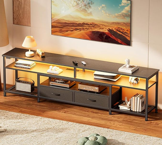 Huuger TV Stand for 75 80 Inch TV, Entertainment Center with Power Outlets and LED Lights, 70.9 Inch TV Console for Living Room, Media Console with Drawers and Shelves, Black-NeatNest