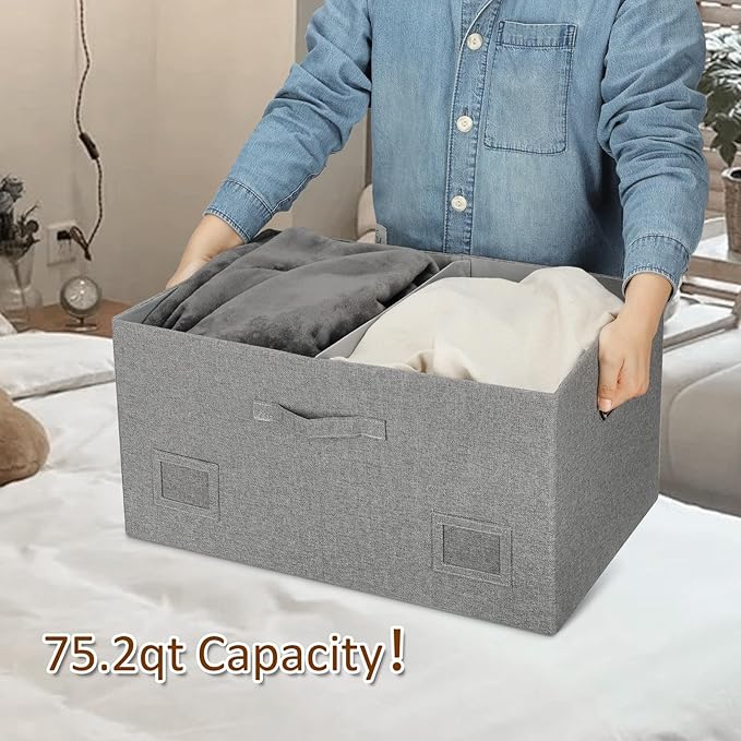 75 Quarts Extra Large Decorative Storage Bins with Lids, 3 Packs Gray Collapsible Storage Bins with Lids, Stackable Storage Bins Decorative Box Storage With Lid Extra Large-NeatNest