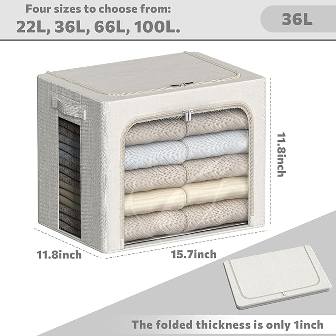 2 Pack Clear Window Storage Bins Large Stackable Linen Fabric Storage for Clothes Foldable Container Organizer Set with Carrying Handles (Lvory White, 15.7x 11.8x 11.7Inch)-NeatNest
