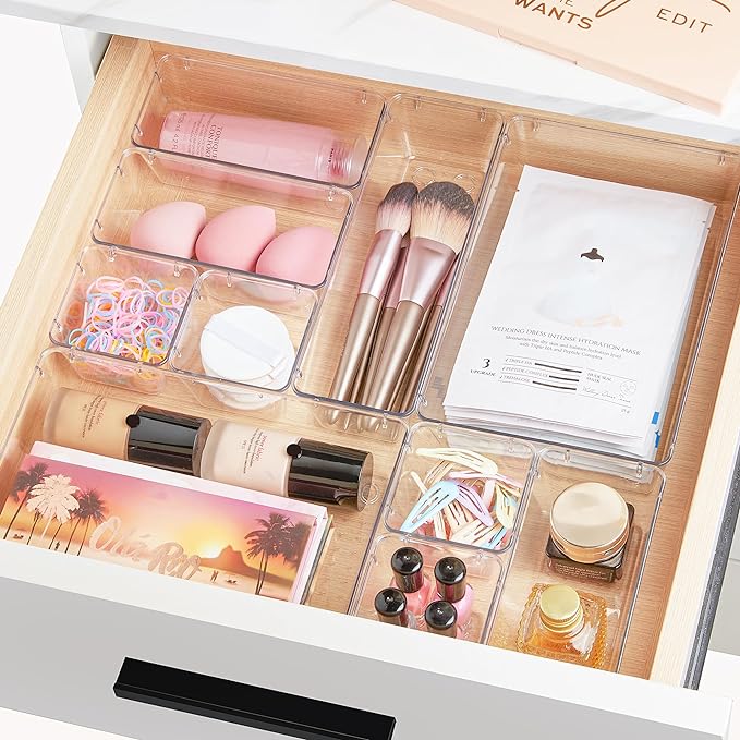 Vtopmart 25 PCS Clear Plastic Drawer Organizers Set, 4-Size Versatile Bathroom and Vanity Drawer Organizer Trays, Storage Bins for Makeup, Bedroom, Kitchen Gadgets Utensils and Office-NeatNest