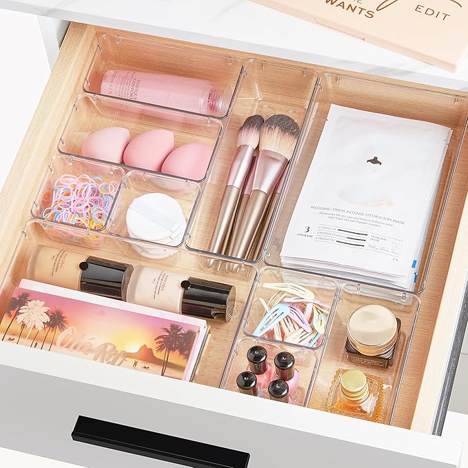 Vtopmart 15 PCS Clear Plastic Drawer Organizers Set, 4-Size Versatile Bathroom and Vanity Organizer Trays, Non-Slip Storage Containers for Makeup, Jewelries, Bedroom，Kitchen Utensils and Office-NeatNest