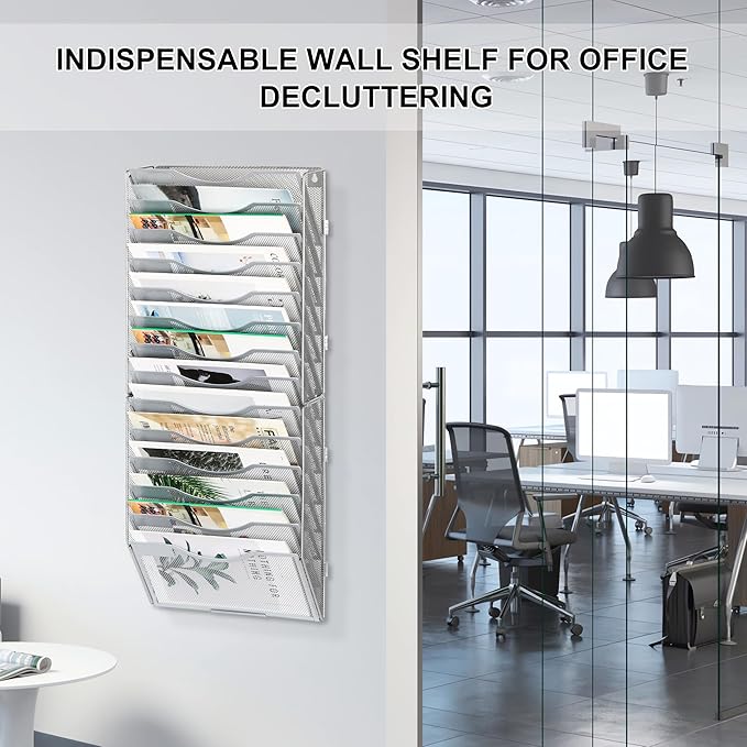 EasyPAG 14 Pocket Wall File Organizer, Silver | Metal Mesh Wall Mounted File Holder | Assembly Hanging Mail Organizer | Replaceable Classify Labels | Office Home Letter Size Paper Storage