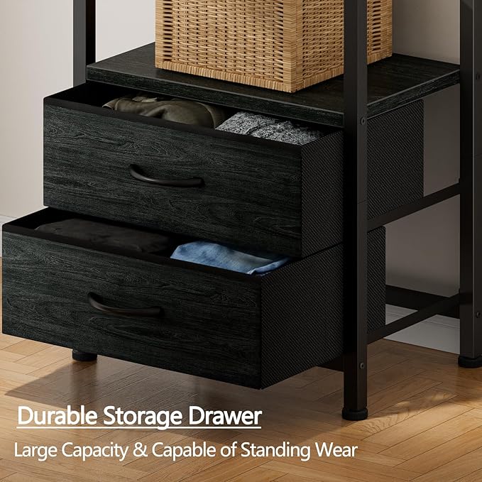 Furnulem 5-Tier Corner Shelf, Narrow Bookshelf with 2 Storage Drawers, 65.16" Tall Bookcase, Standing Shelf Organizer Unit for Living Room, Bedroom, Metal Frame, Wood Display Shelf(Black Oak)